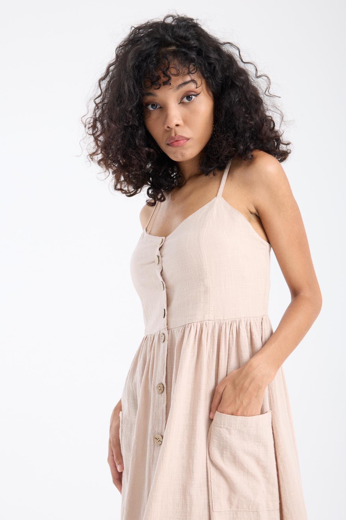 Strappy Coco Buttoned Beige Womens Dress