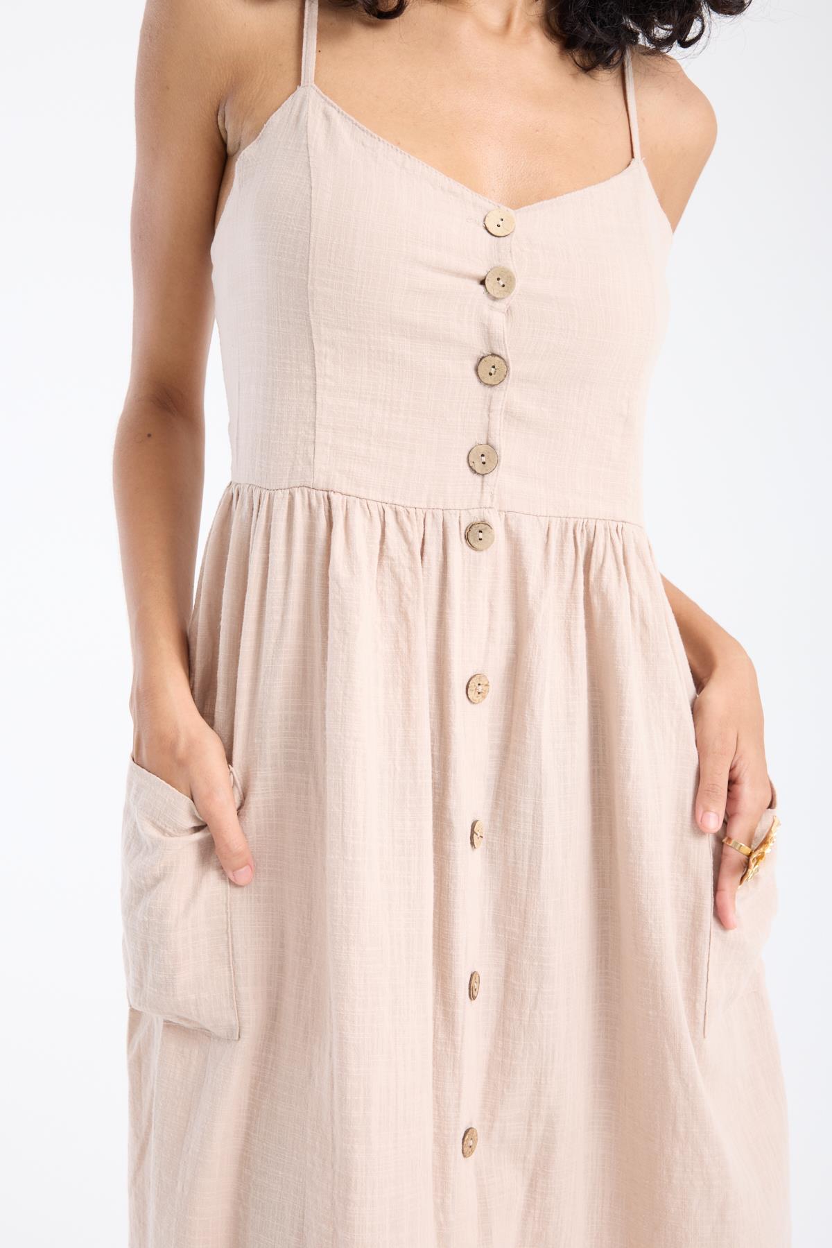 Strappy Coco Buttoned Beige Womens Dress