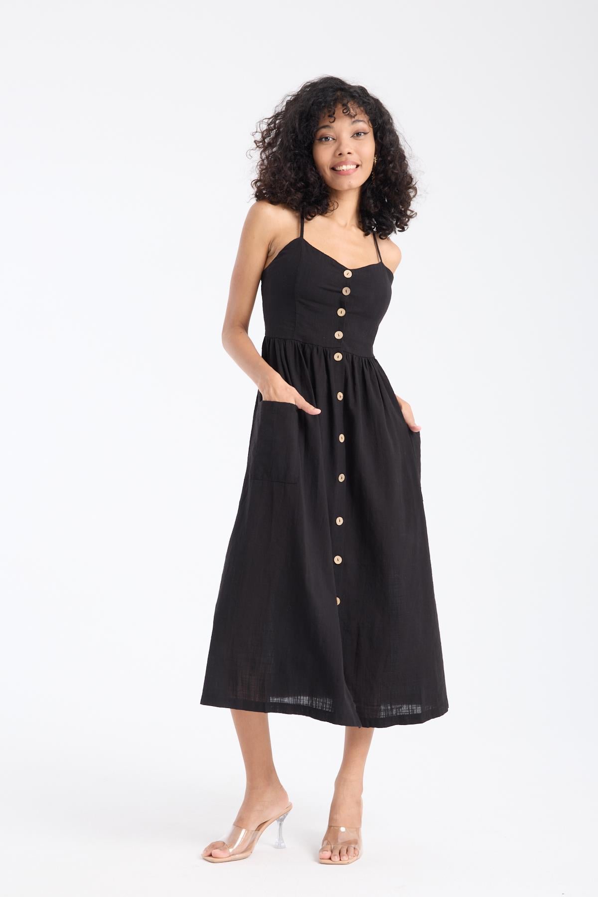 Strapless Coco Buttoned Black Dress