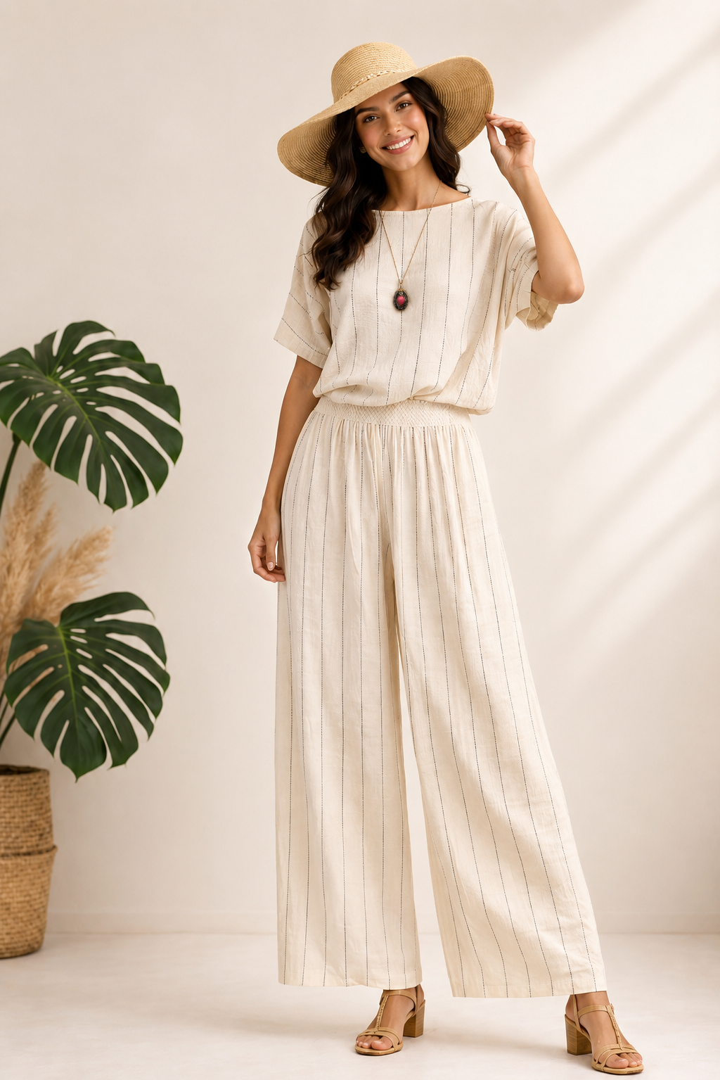 Çizgili Bohem Naturel Pantolon