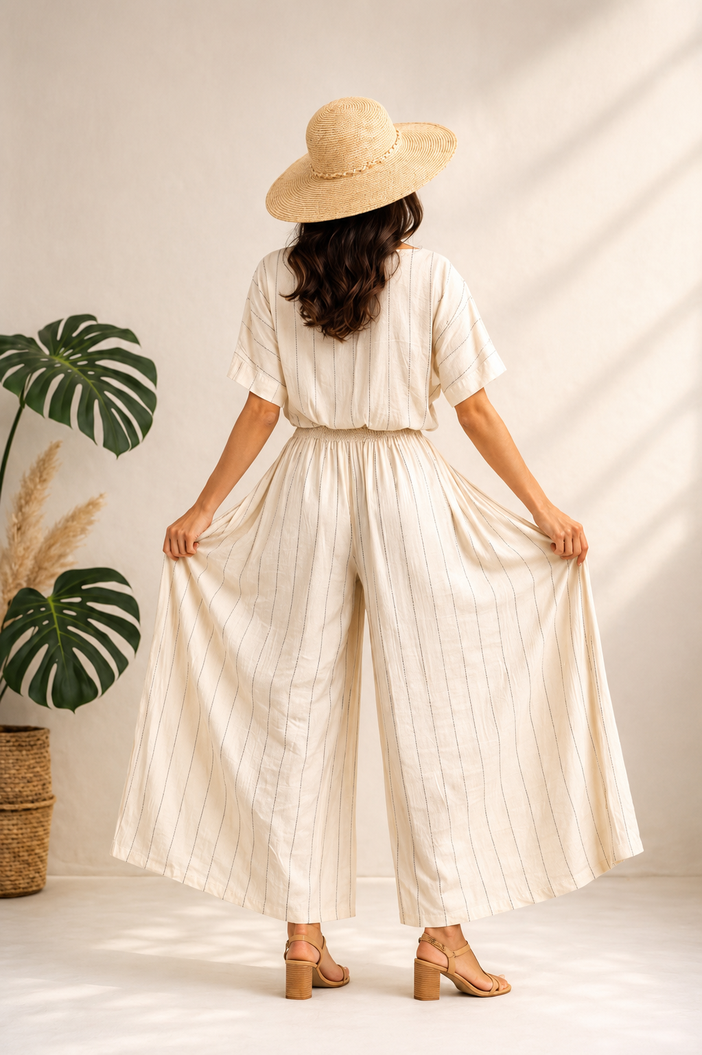 Çizgili Bohem Naturel Pantolon