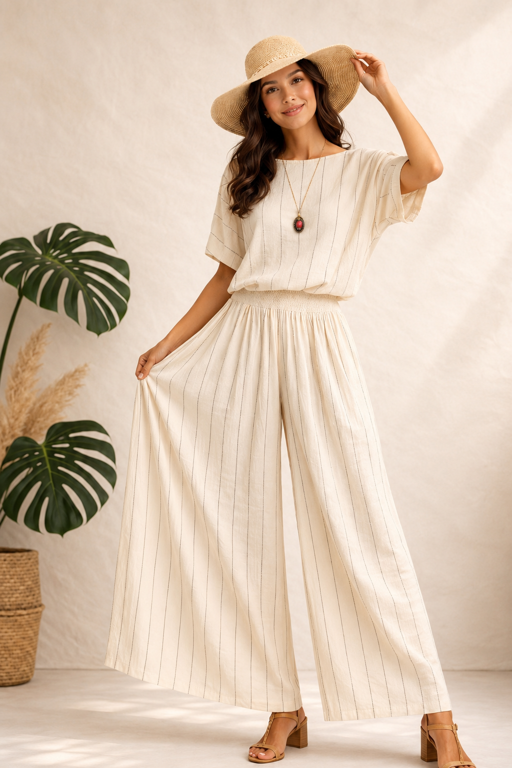 Çizgili Bohem Naturel Pantolon