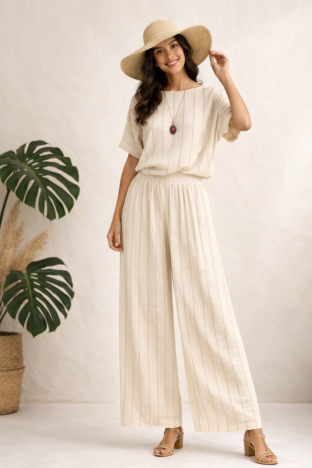 Çizgili Bohem Naturel Pantolon