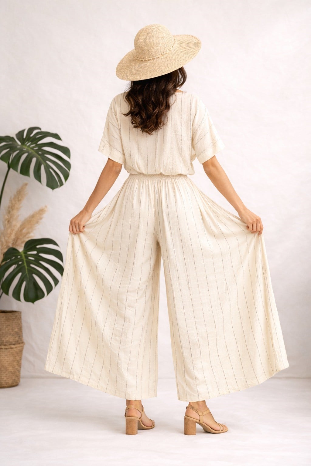 Çizgili Bohem Naturel Pantolon