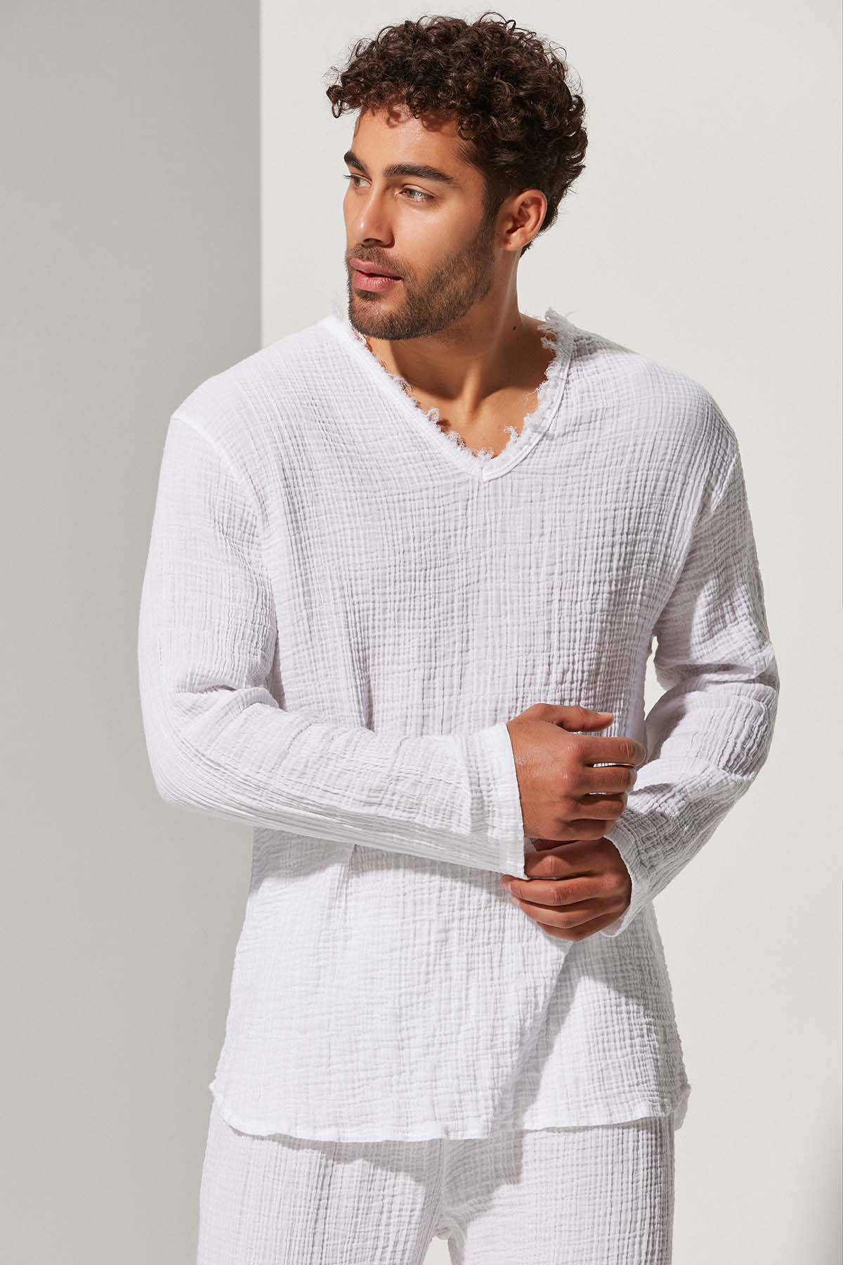 Double Face V Yaka Müslin Kumaş  T-Shirt