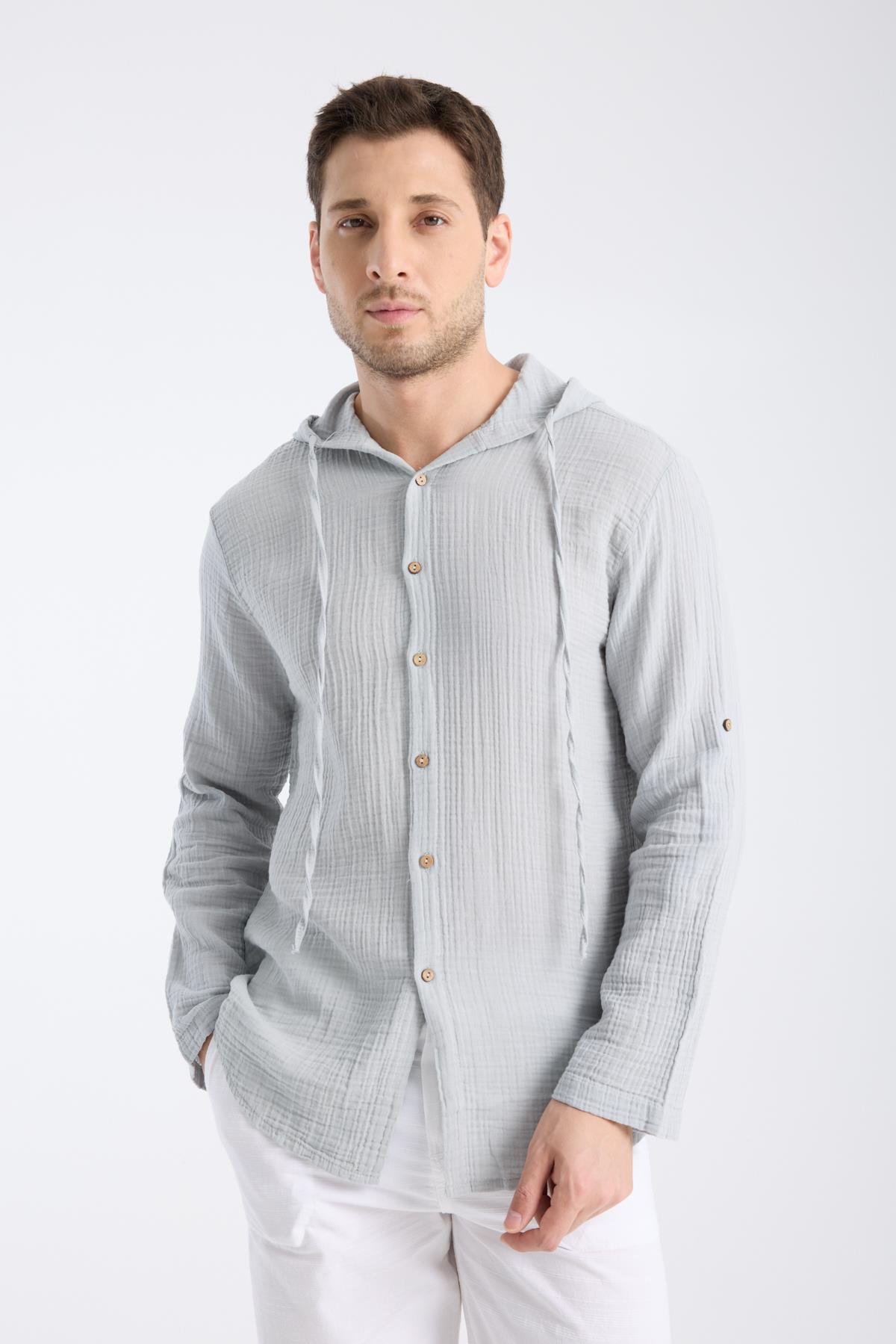 Kapüşonlu Double Face Müslin Gri Gömlek