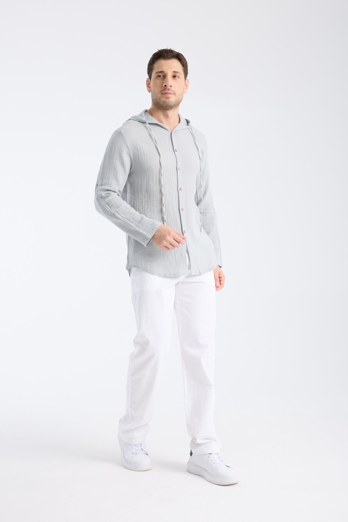 Kapüşonlu Double Face Müslin Gri Gömlek