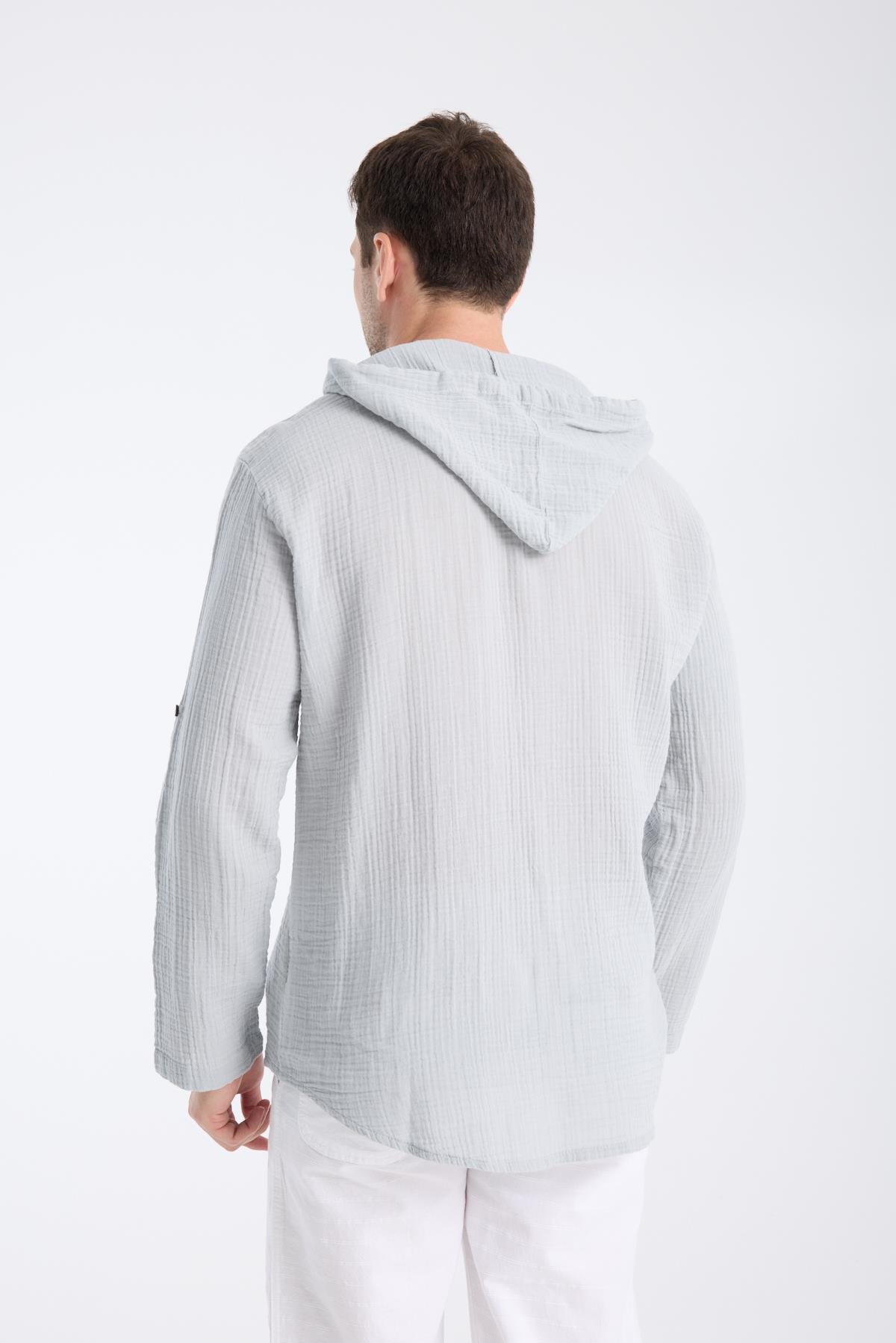 Kapüşonlu Double Face Müslin Gri Gömlek