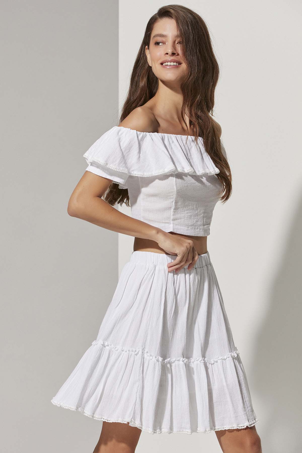 Kısa Kol Farbelalı Beyaz Bluz