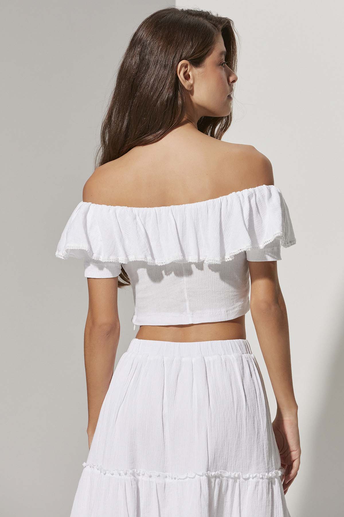 Kısa Kol Farbelalı Beyaz Bluz