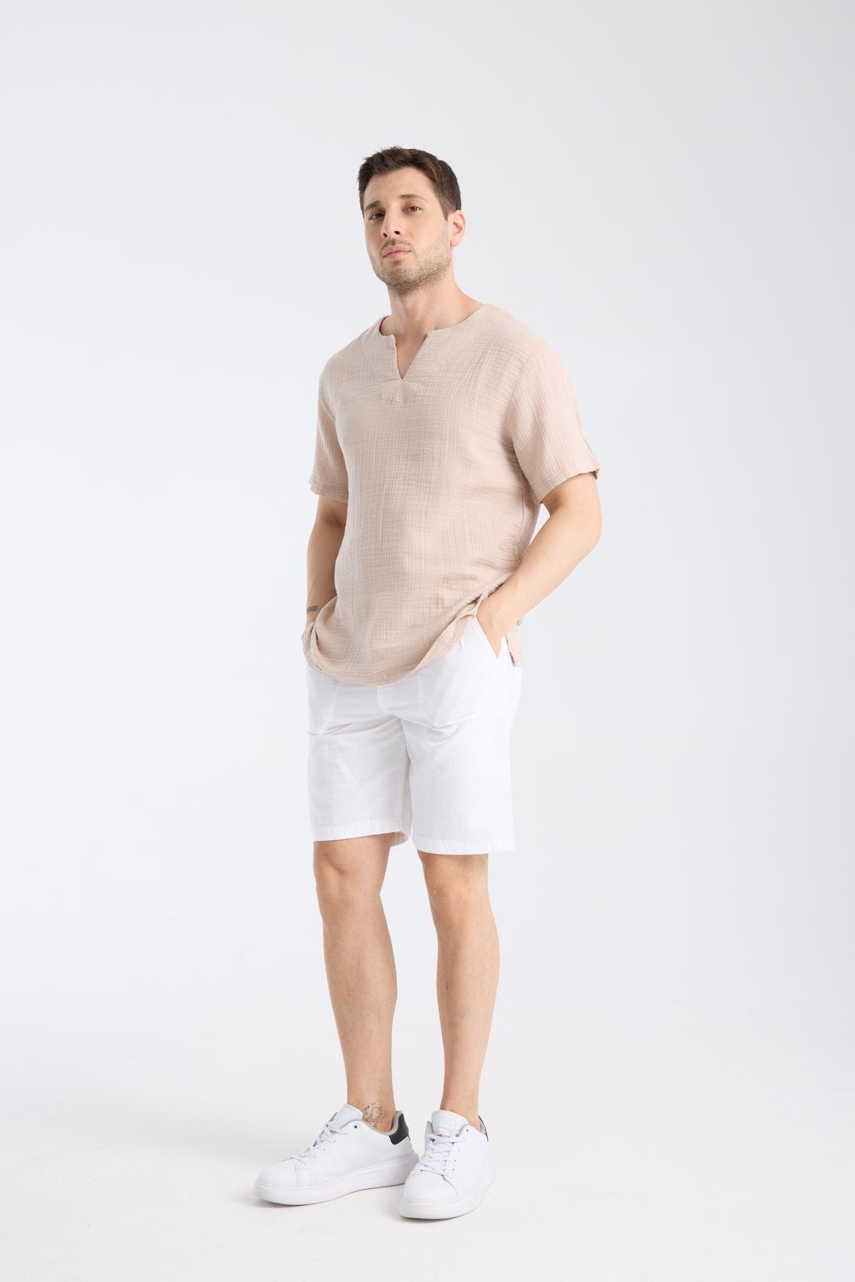 Kısa Kollu Bisiklet Yaka BejTShirt