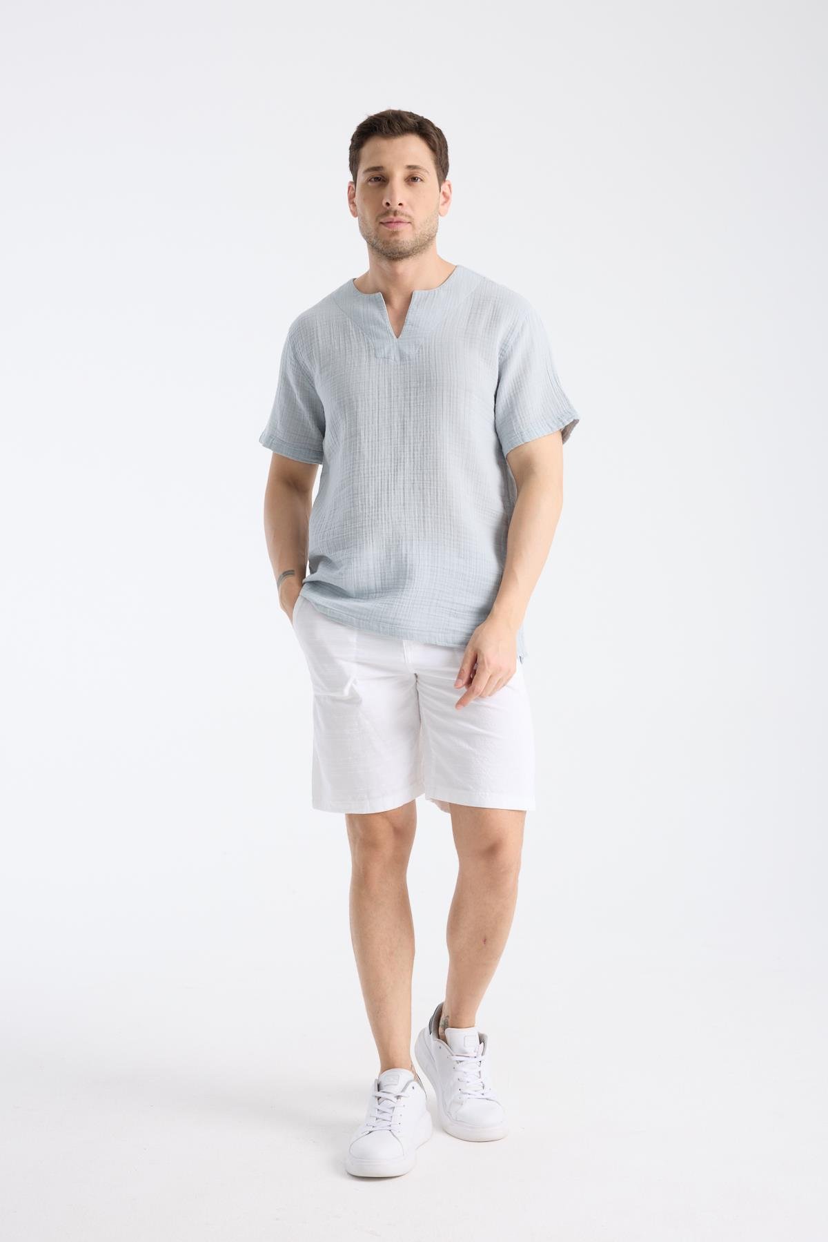 Kısa Kollu Bisiklet Yaka Gri TShirt