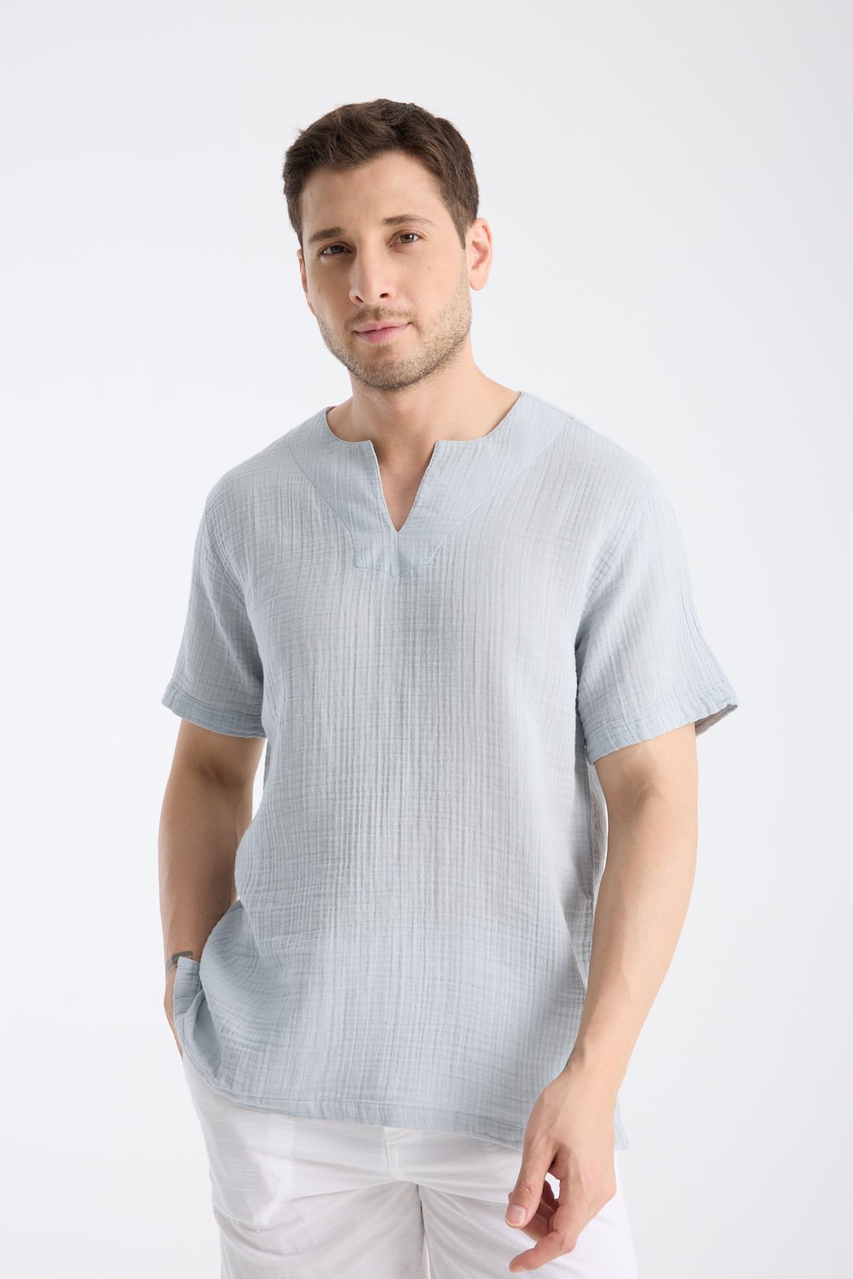 Kısa Kollu Bisiklet Yaka Gri TShirt