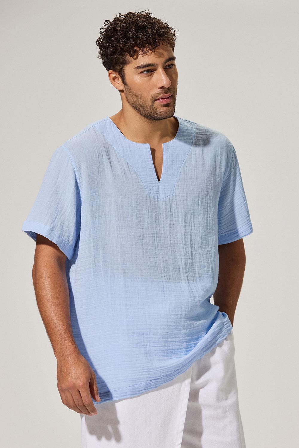 Kısa Kollu Bisiklet Yaka Mavi T-Shirt