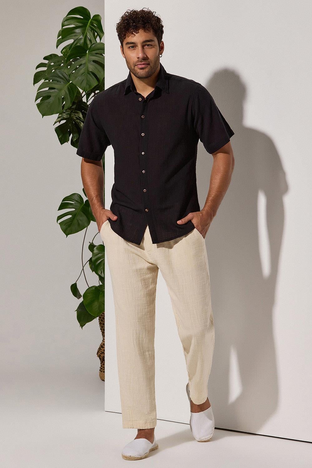 Kısa Kol Şile Bezi Siyah Erkek Gömlek