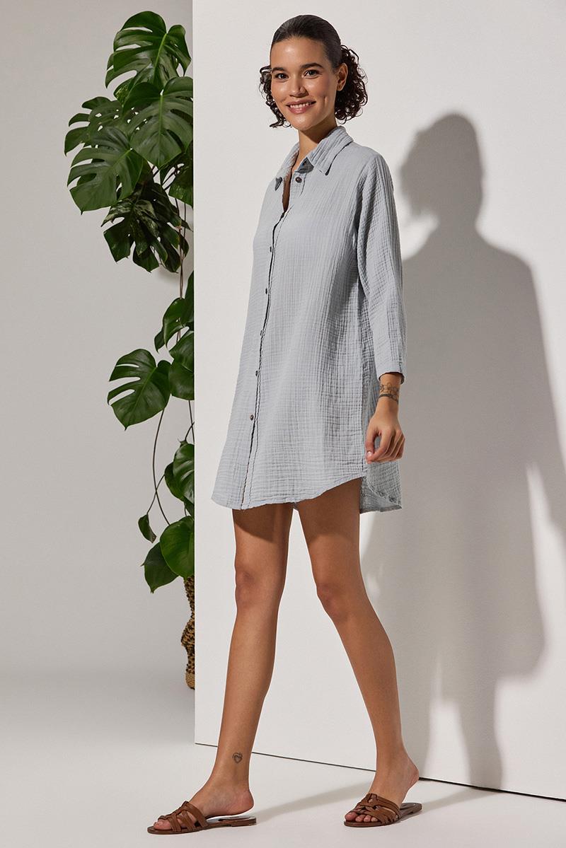 Uzun Kol Muslin Gri Kadın Gömlek