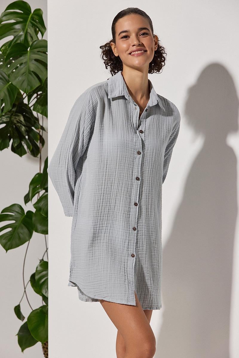 Uzun Kol Muslin Gri Kadın Gömlek