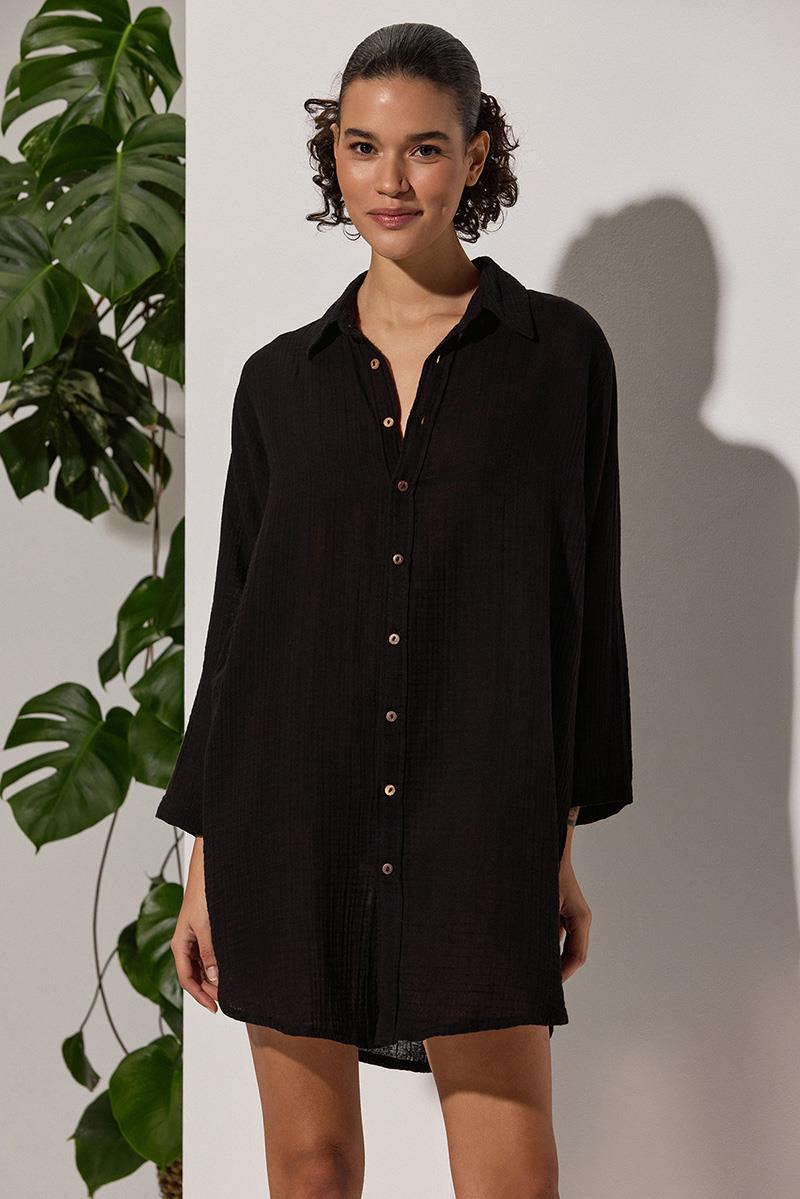 Uzun Kol Muslin Siyah Kadın Gömlek