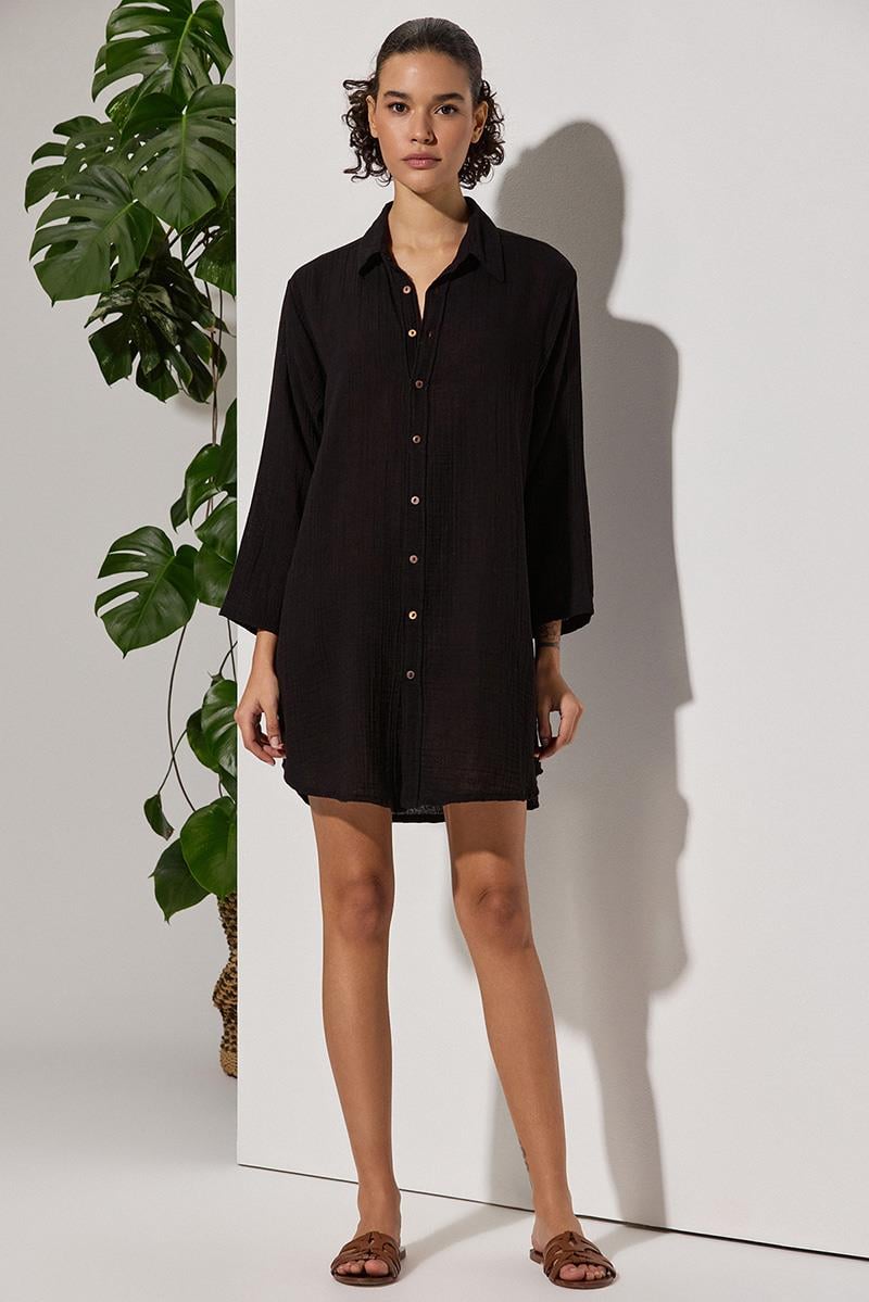 Uzun Kol Muslin Siyah Kadın Gömlek