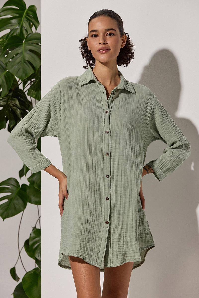Uzun Kol Muslin Yeşil Kadın Gömlek