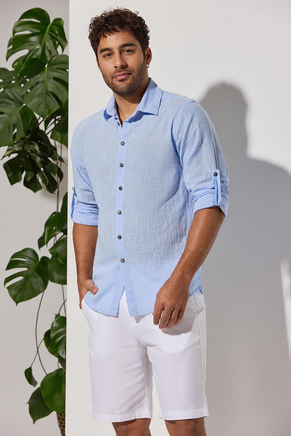 Long Sleeve Slub Blue Shirt