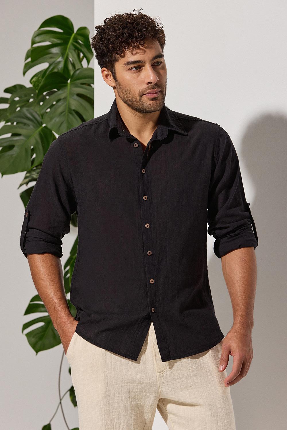 Uzun Kol Şantuk Siyah Erkek Gömlek
