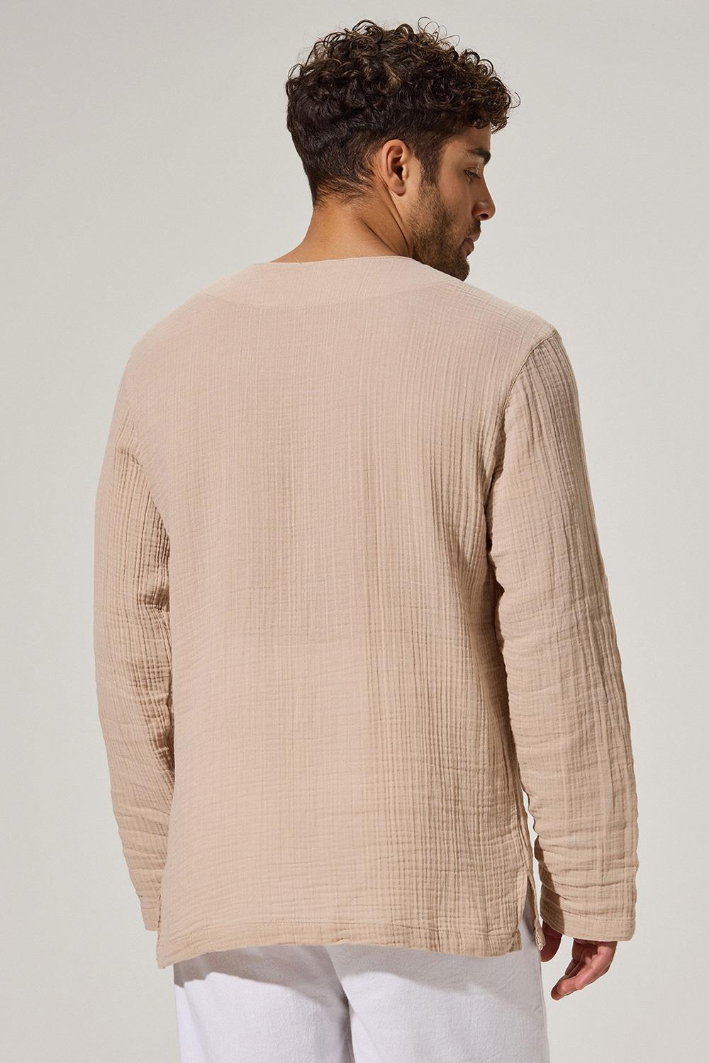 Uzun Kol Zımbalı Bej Erkek T-Shirt