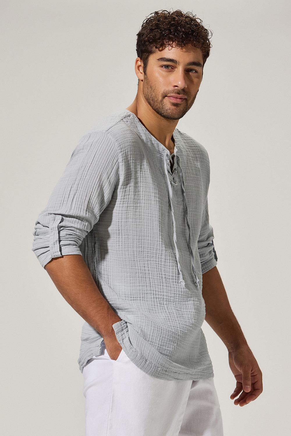 Uzun Kol Zımbalı Gri Erkek T-Shirt