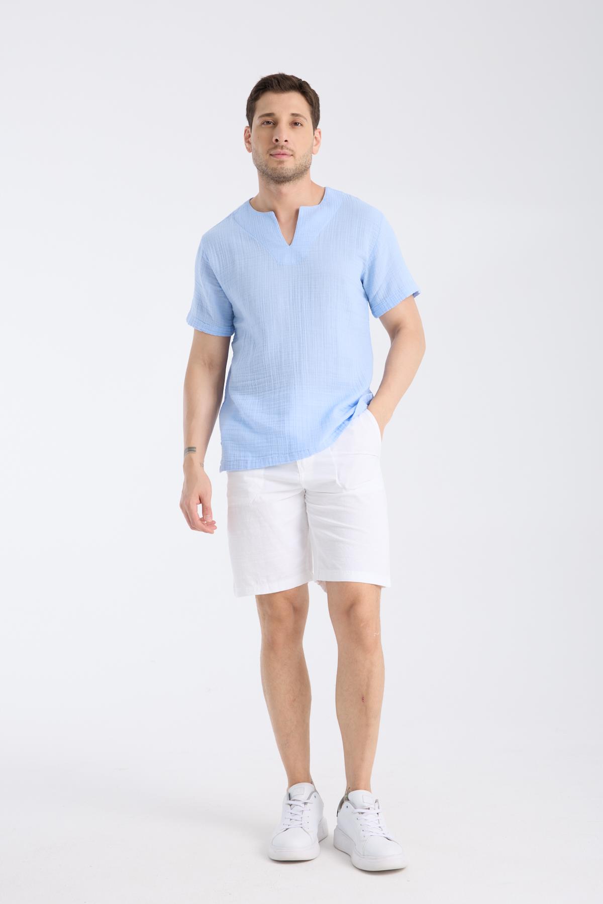 Uzun Kol Zımbalı Mavi Erkek T-Shirt