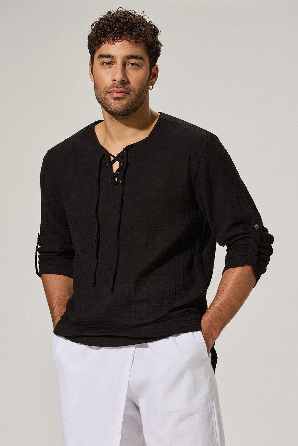 Uzun Kol Zımbalı Siyah Erkek T-Shirt