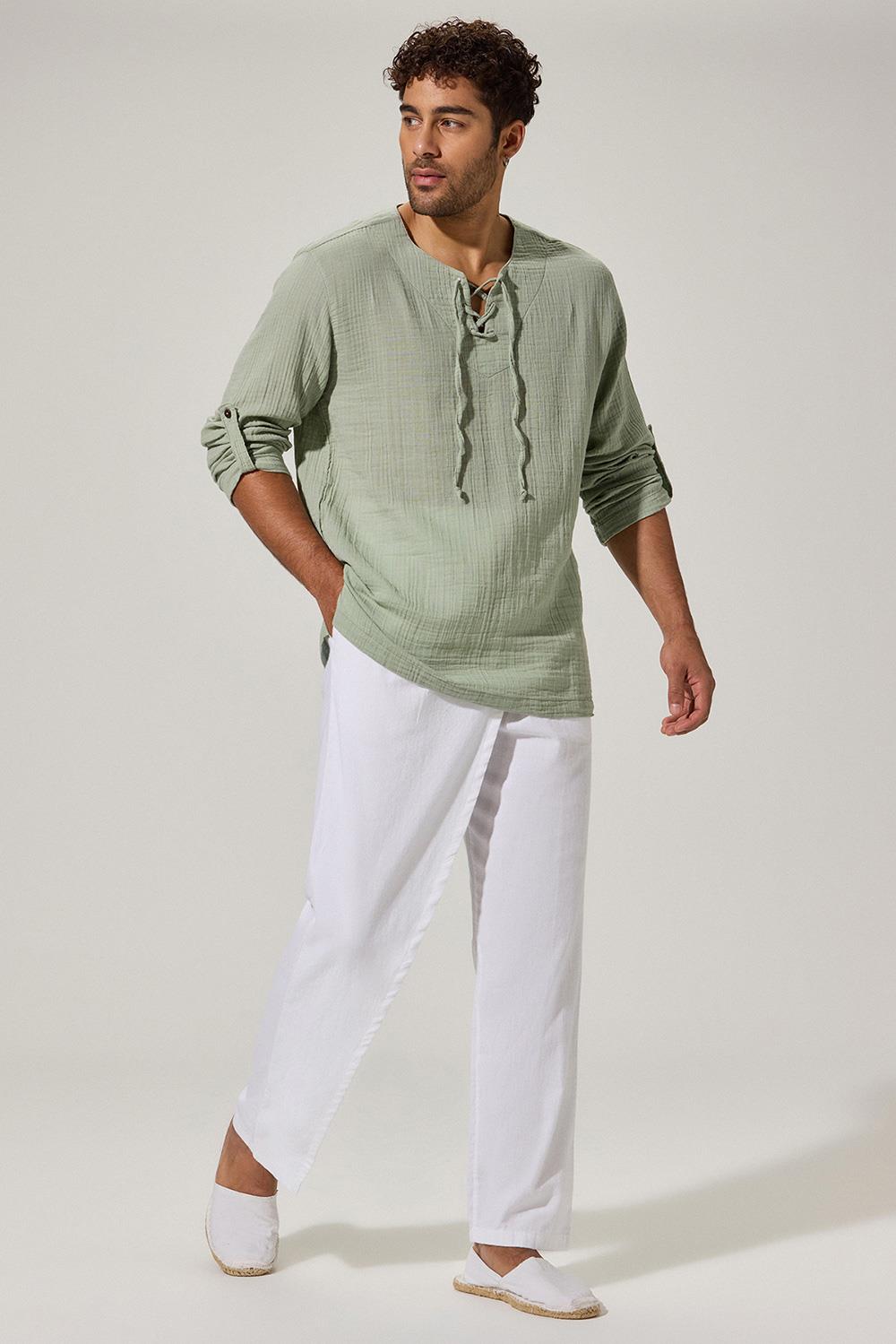 Uzun Kol Zımbalı Yeşil Erkek T-Shirt