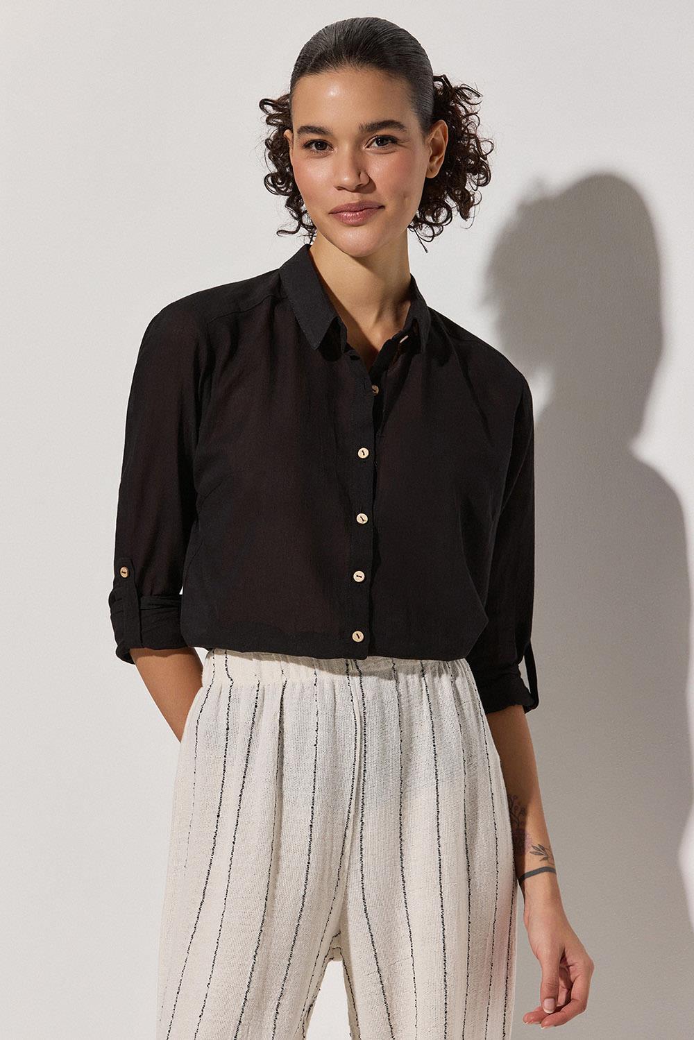 Uzun Kollu Klasik Siyah Kadın Gömlek
