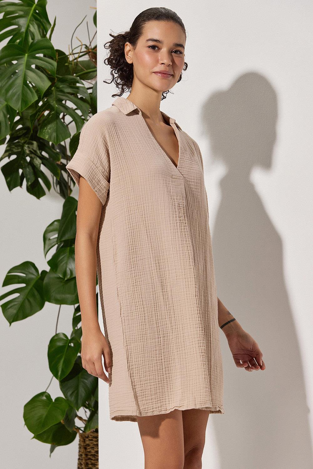 V Neck Pleated Beige Dress