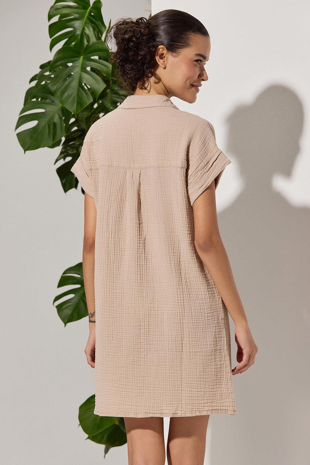 V Neck Pleated Beige Dress