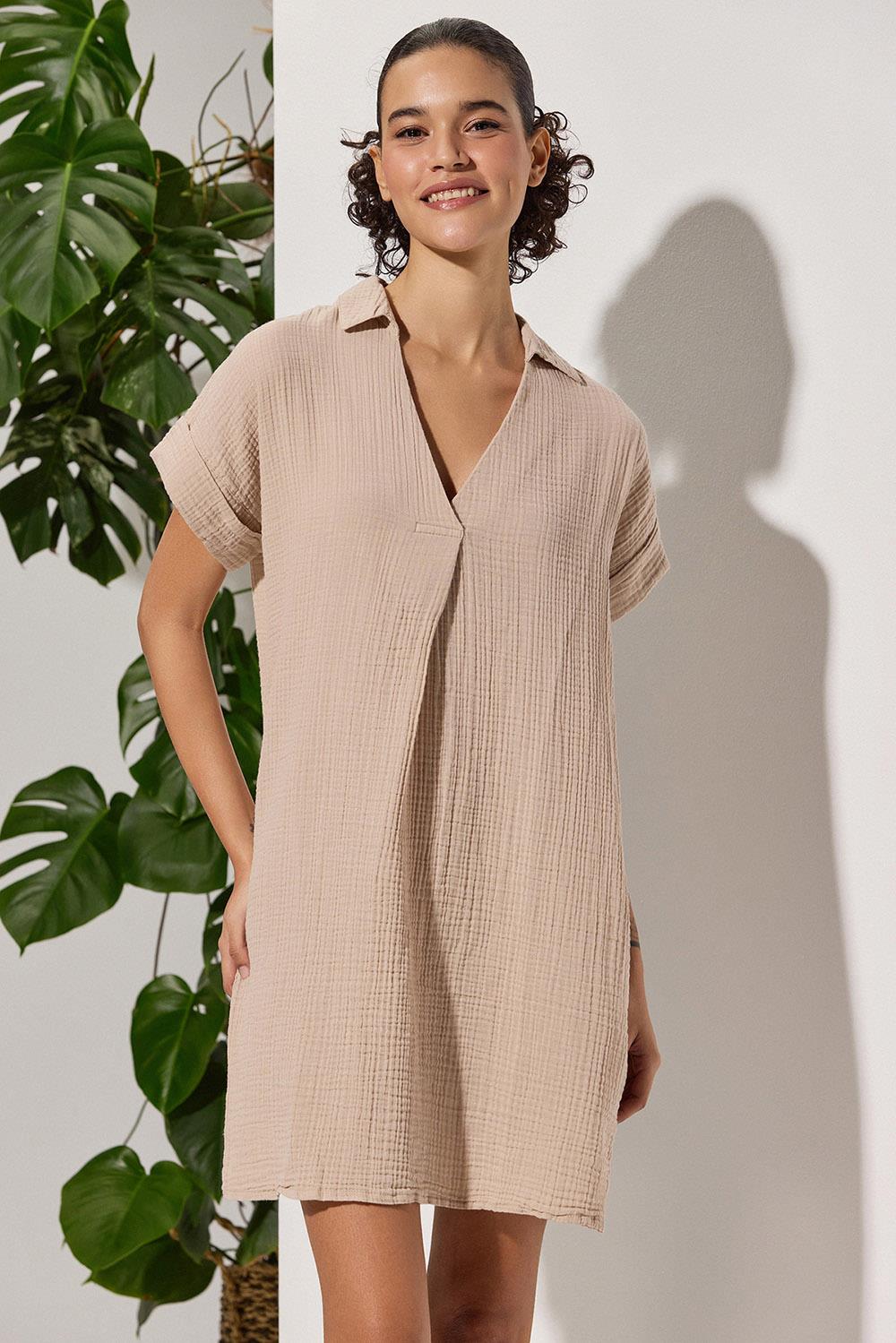 V Neck Pleated Beige Dress