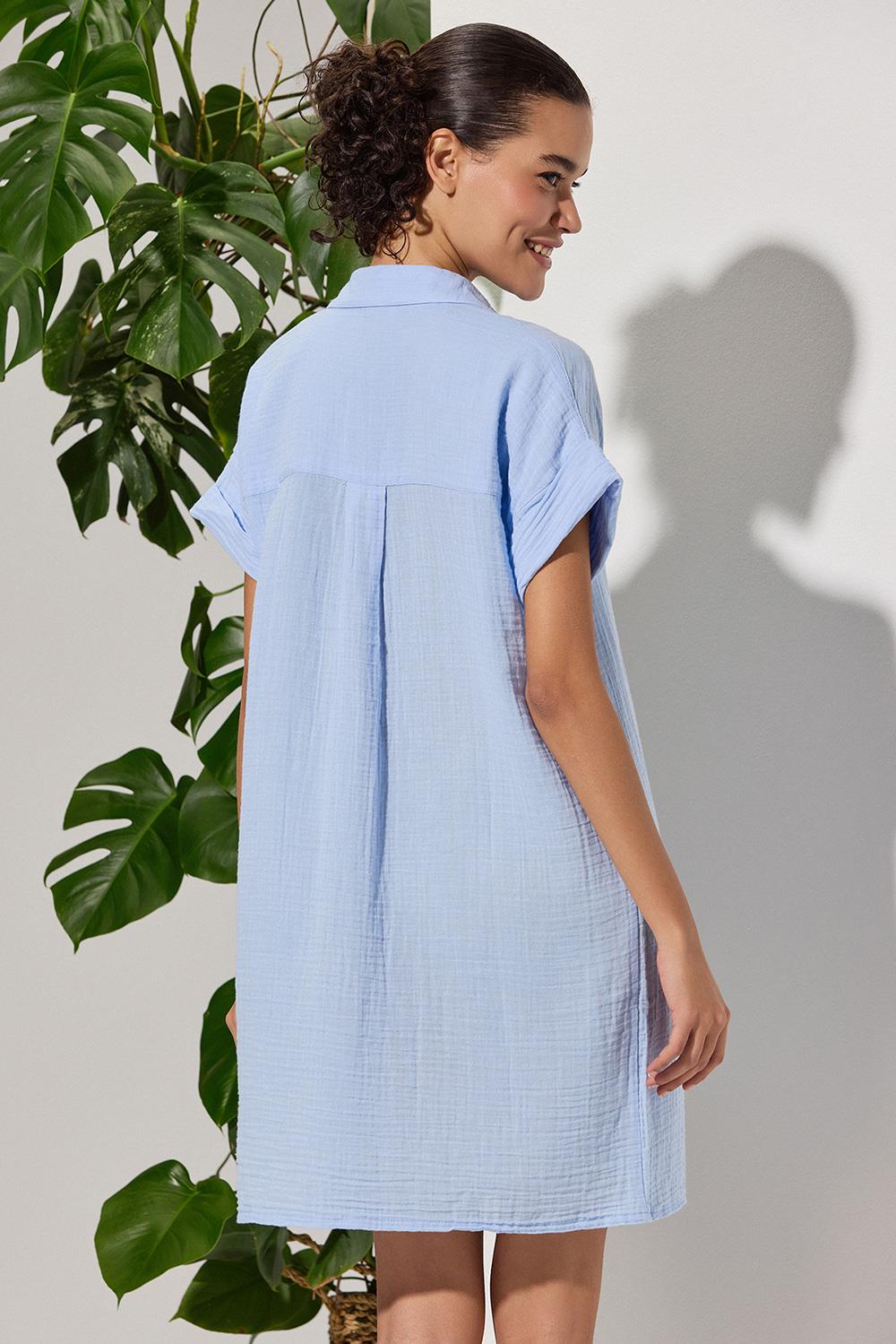 V Yaka Plikaşe Mavi Elbise