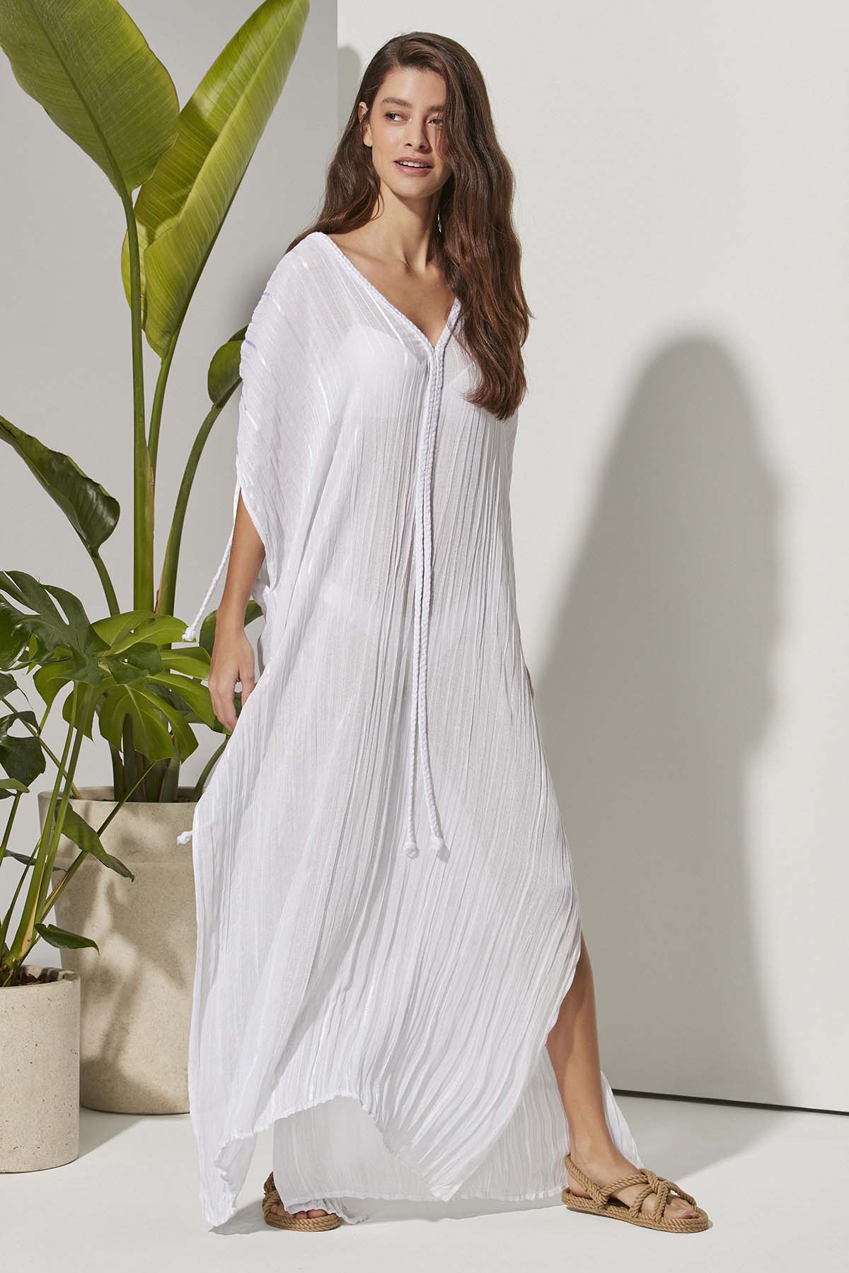 V Yaka Saç Örgülü Beyaz Kimono