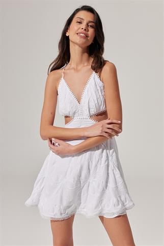 Askılı, Bel Detaylı, Süzene İşli Mini Elbise