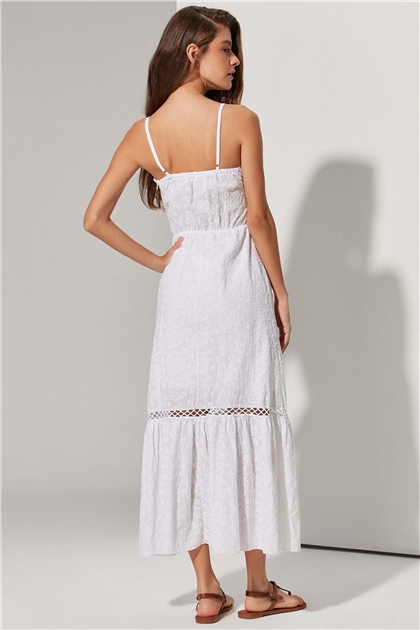 Askılı Brode Petek Garni Beyaz Elbise