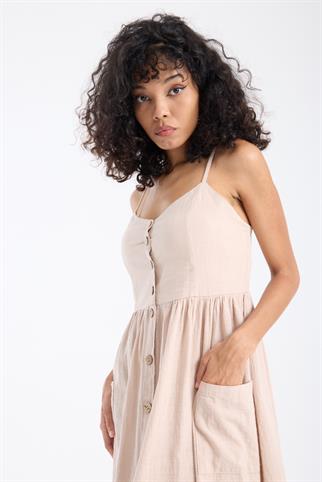 Askılı Coco Düğmeli Bej Kadın Elbise