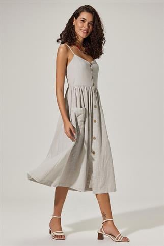 Askılı Coco Düğmeli  Gri Elbise