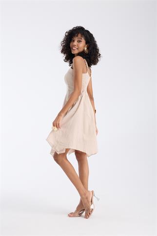 Askılı Kısa Bej Elbise