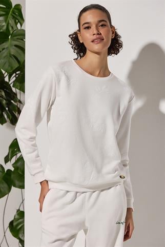 Beyaz Kabartma Baskılı Sweatshirt