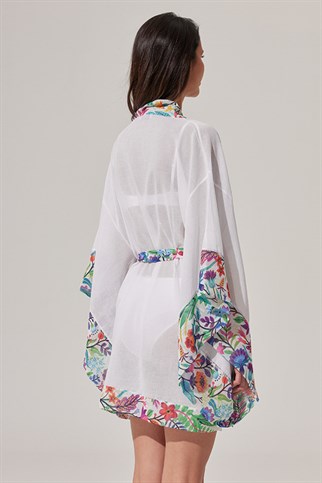 Floral Pattern Short White Kimono