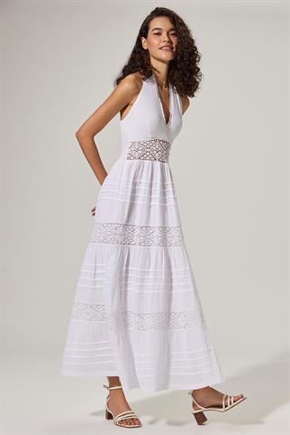 Dantelli, Nervür Detaylı Maxi Elbise