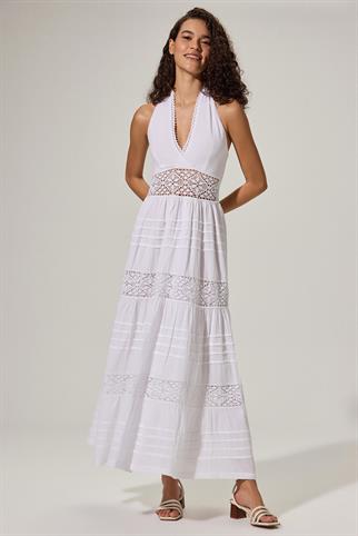 Dantelli, Nervür Detaylı Maxi Elbise