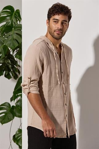 Kapüşonlu Double Face Müslin Bej Gömlek