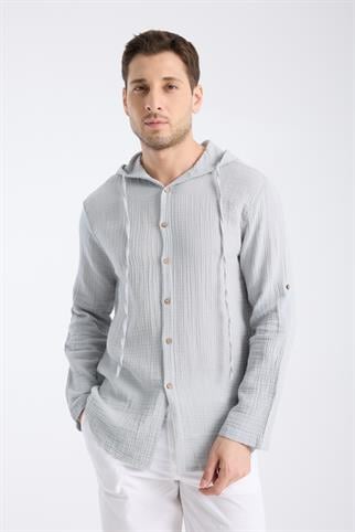 Kapüşonlu Double Face Müslin Gri Gömlek