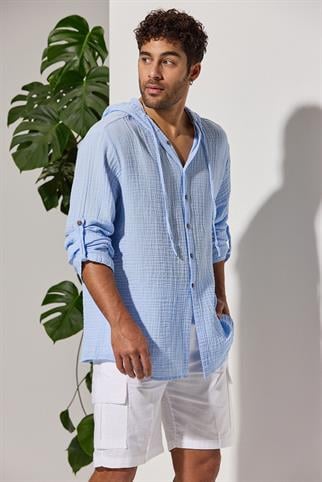 Kapüşonlu Double Face Müslin Mavi Gömlek