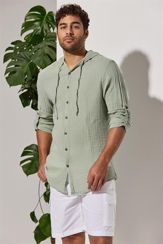 Kapüşonlu Double Face Müslin Yeşil Gömlek